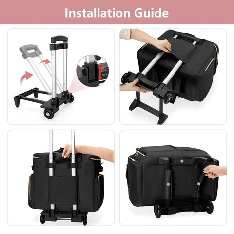 Installation guide for rolling teacher bag with detachable trolley, showcasing black bag assembly with wheels and handle features.