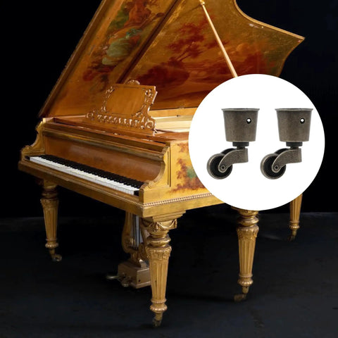Grand piano with vintage round cup wheels inset, featuring four pack cup style swivel casters for furniture, ideal for piano stands.