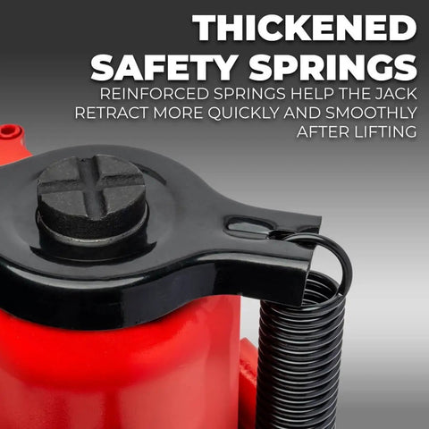 Close-up of the Beefy 20 Ton Hydraulic Air Bottle Jack Lift with thickened safety springs visible on the red steel body.