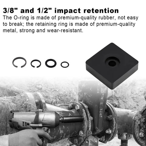 Impact Wrench Retaining Ring Clips With O Ring For Three Eighths And One Half Inch Sockets, Includes Six Sets Each, shown with wrench