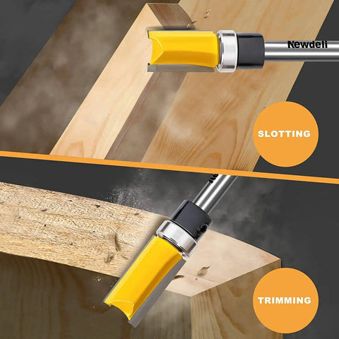 Pattern Flush Trim Router Bit Set With Bearing Guide For Tearout Prevention, cutting through wood, demonstrating slotting and trimming.