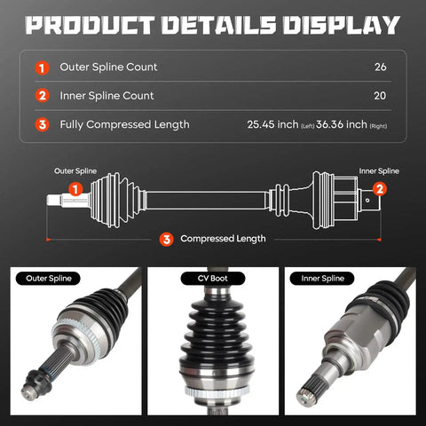 Diagram and details of Toyota Corolla 1.8L CV Axle Shaft Assembly Front Left And Right Pair Fits 2009-2018 For Matrix Vibe 2003-2013 Manual Transmission 1.8L FWD 66-5228 66-5224 Replacement Set