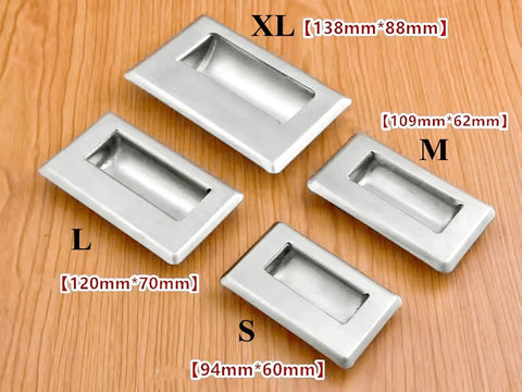 Hidden Recessed Pull Handle Set in stainless steel, sizes XL to S, displayed on wood surface. Flush concealed furniture handles for doors.
