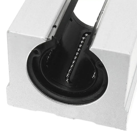 Close-up of the Open Linear Bearing SBR25UU Slide Unit for 25mm Shaft Motion, showing ball bearing in an aluminum pillow block.