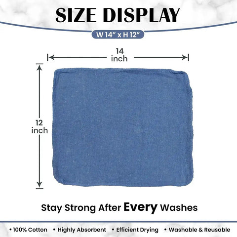 Blue Cotton Shop Towels Pack Of 150 12x14 Inches Absorbent Cleaning Rags showing size dimensions