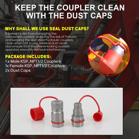 Two silver hydraulic quick-connect couplers with red dust caps and lanyards, 3/4-in NPT, flat-face ISO 16028.
