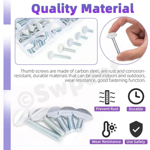 50Pcs Thumb Screw Assortment Kit, 1/4-20 Thread, Fully Threaded Galvanized Carbon Steel screws shown in various lengths.