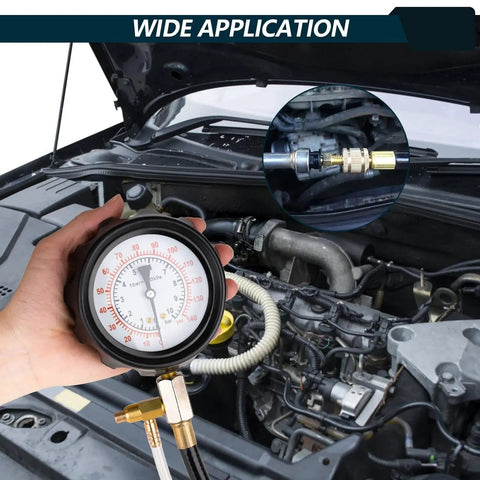 0 To 140 PSI Fuel Pressure Tester Kit For Fuel Injectors And Pumps in use under car hood with gauge and adapter.