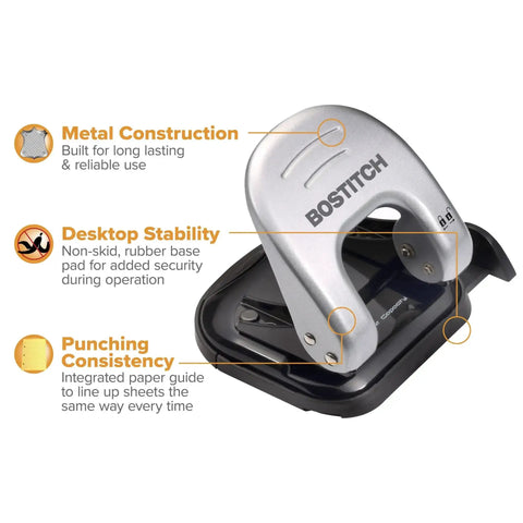 EZ Squeeze Reduced Effort Two Hole Punch For Home Office With No Jam Technology, metal construction, shown with features labeled.