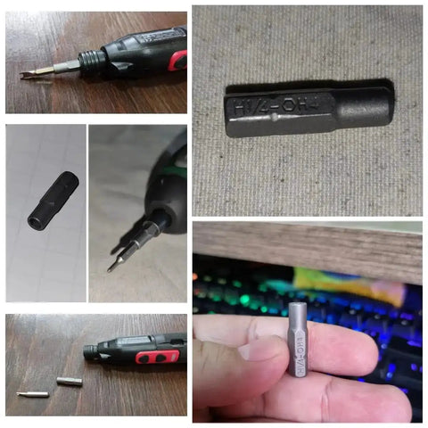Eight Pack Precision Bit Adapters Set For Micro Bits To One Quarter Inch Hex Converter shown with electric drill and close-up views