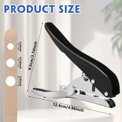 Three Pack Heavy Duty Handheld Hole Puncher Set with size chart showing 1/4, 5/16, and 3/8 inch holes for paper, card, and plastic.