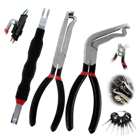 4 Piece Automotive Electrical Disconnect Pliers Set 37960 Straight 37980 60 Degree 13120 Dual Head Carbon Steel Fuel Line Disconnect Tools for Cars Mechanics and DIYers - includes various pliers and tools.