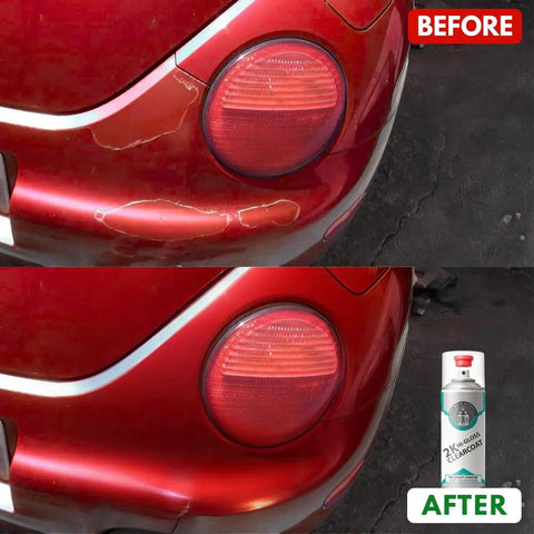 Before and after image showing use of 2K High Gloss Clear Coat Spray With Catalyst Activated Formula Pro Grade Finish on red car
