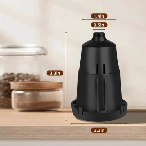 Front view of black K-Cup pod holder replacement for Keurig; exit needle included, dimensions 3.3in tall, 2.3in base.