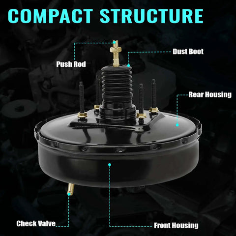 Vacuum Power Brake Booster 54-74400 For Ford F250 F350 Trucks 1987 1997 with labeled parts in structure view