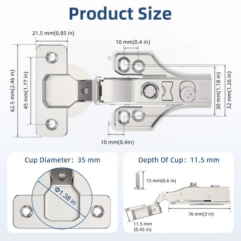 Chibery 2-pack 3/4 in full overlay concealed hinges, satin-nickel, soft-close with 3D adjustment and clip-on plate.