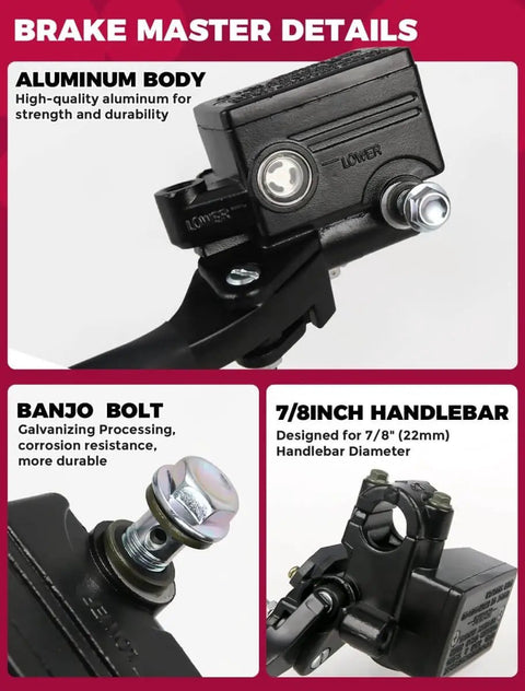Hydraulic Brake Master Cylinder Lever For Honda ATV Foreman Rincon Rancher TRX Models Front Brake Handle Seven Eighths Inch Lever featuring aluminum body and banjo bolt.