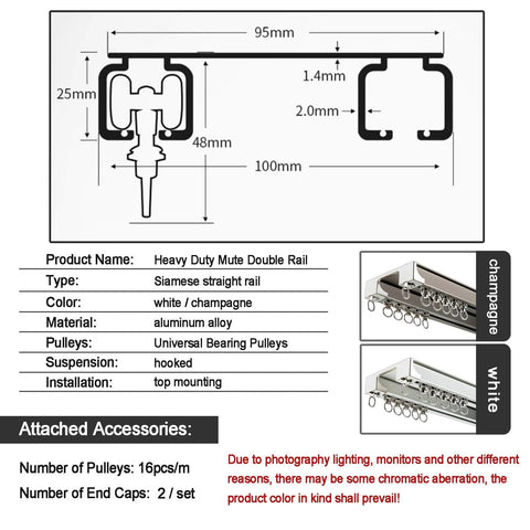 Diagram and components of durable aluminum ceiling curtain track system, champagne and white finish, with double rails.