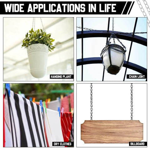Image showing various uses of 50 Ft Galvanized Steel Hanging Jack Chain 1.3mm for flowerpots, chain lights, drying clothes, and billboards.