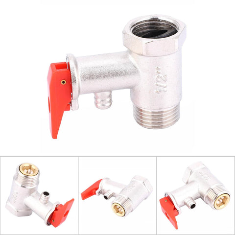Front view of brass-plated water heater safety valve with red lever, 0.9 MPa, G1/2in thread