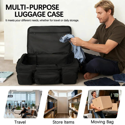 Man packing clothes into Ultra Large 120L Rolling Duffle Bag With Wheels For Travel And Outdoor Adventures, Built Tough Military Grade Design, Heavy Duty Tactical Gear For Deployment Camping Sporting And Rough Outdoor Use, Durable Duffle By TENFLY