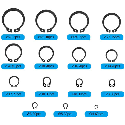 15 sizes of snap rings from the 350 Pieces Retaining Rings Kit External Circlips Snap Rings C Clips Assortment Set In 15 Sizes Heavy Duty 65Mn Steel