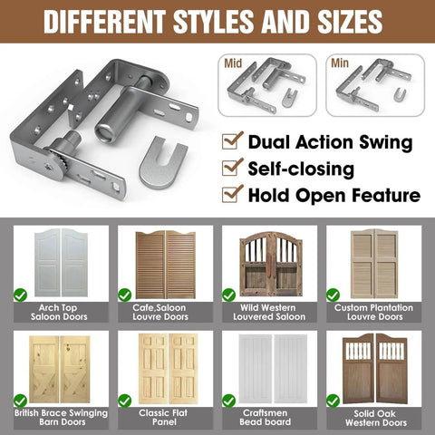 Stainless Steel Cafe Door Hinges With Self Closing And Two Way Swing For Louvre Doors And Saloon Doors. Different styles overview.