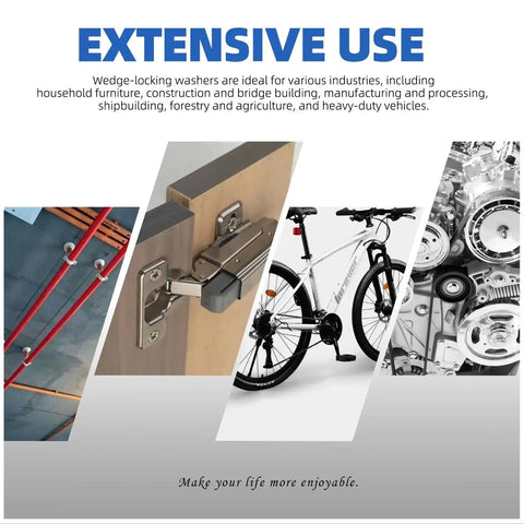 Banner collage with diagonal panels showing plumbing pipes, a door hinge, a bicycle, and engine components.