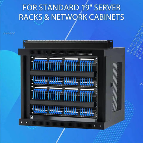 1U Rack Cable Manager Kit 24 Slot Metal Finger Duct With Cover for 19 Inch Server Racks Black installed in network cabinet