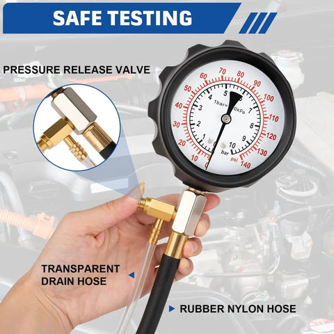 Close-up view of Diesel Fuel Pressure Tester Kit 0-140 PSI with adapters, showing gauge and hose connections.