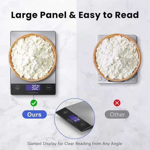 Digital Kitchen Scale 33lb Capacity with large panel showing flour measurement, featuring a slanted display for easy reading.