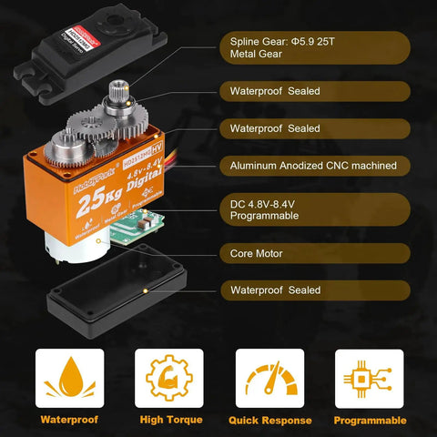 RC servo HobbyPark 25kg waterproof full-metal gear with 25T horn, 4.8–8.4V programmable