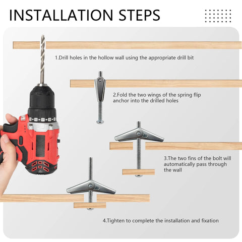 Installation instructions for Heavy Duty Metal Drywall Anchor Kit With Toggle Bolts And Wing Nuts In Three Sizes 1/8 Inch 3/16 Inch And 1/4 Inch