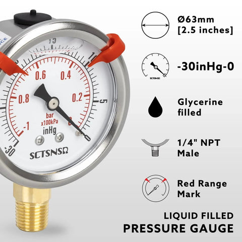 Vacuum Pressure Gauge For HVAC Pros Glycerin Filled Minus Thirty InHg To Zero, 2.5 Inch Dial, Lower Mount, One Quarter Inch NPT, Stainless Steel Case With Brass Components