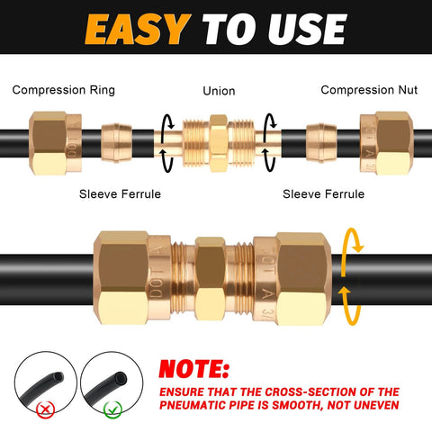 Brass compression straight union fitting for 3/8" air tubing, nylon tubing compatible, pack of 4 (Amazon HaSaoMoi D.O.T).