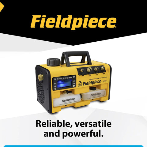 Fieldpiece VPX7 vacuum pump, portable yellow HVAC tool with RunQuick oil change system, two oil reservoirs