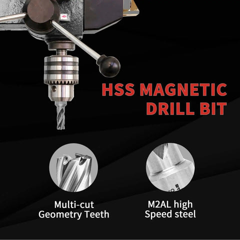 Close-up of drill press with HSS magnetic drill bit, highlighting multi-cut teeth and M2AL high-speed steel material.