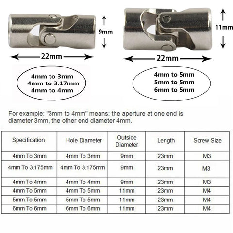 Two-pack silver metal RC universal joint shaft couplers for 4mm to 3.175mm and 4mm to 5mm adapters, 22mm long.