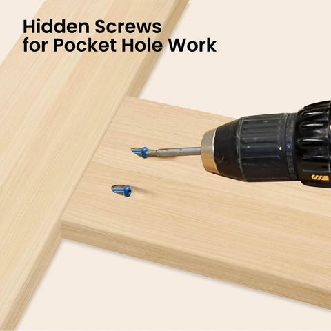 Pocket Hole Screws Size 8 1 1/4 Inch 300 Pieces No Nonsense Rust-Resistant Blue Coated Exterior Wood Screws being drilled into wood