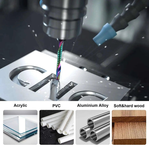 10 Pcs O Flute Up Cut Router Bits Set in CNC Milling Aluminum, Showing Material Compatibility with Acrylic, PVC, and Wood