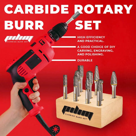 Tungsten Carbide Burr Set With One Quarter Inch Shank Ten Piece Double Cut Rotary Burrs For Die Grinder mounted and stored in a wooden holder.