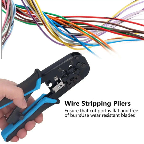Ratcheting Crimping Tool For 8P And 6P Heads With Protective Device shown beside colorful network cables.