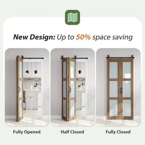 Double 18x84 Frosted Glass Bifold Barn Door Set With Hardware Kit Included, 36x84 brown sliding closet door fully opened, half-closed, and closed.