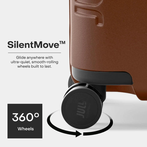 Close-up of cobblestone proof silent 360° wheels on an Expandable Carry On Max 21 Inch Airline Approved Rolling Luggage.