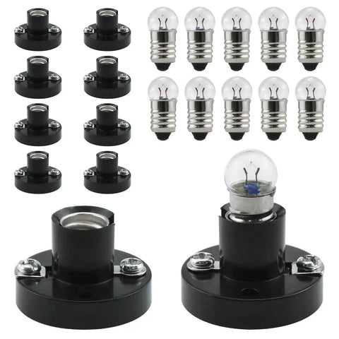 10 Pack E10 Screw Mini Warm Light Bulbs And 10 E10 Mini Bulb Holders For DIY Projects shown with bulbs and holders side by side