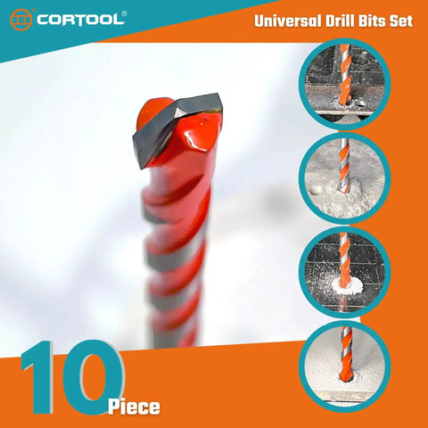 Close-up of Durable Masonry Drill Bits Set Five Thirty-Second To One Half Inch, Ten Piece Carbide Tipped Kit for various materials.