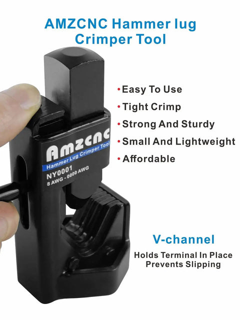 Heavy Duty Hammer Lug Crimper For 8 AWG To Four O Wire Gauge And 0000 Battery Cables, One Hit Indent Crimps With Hammer Or Vise