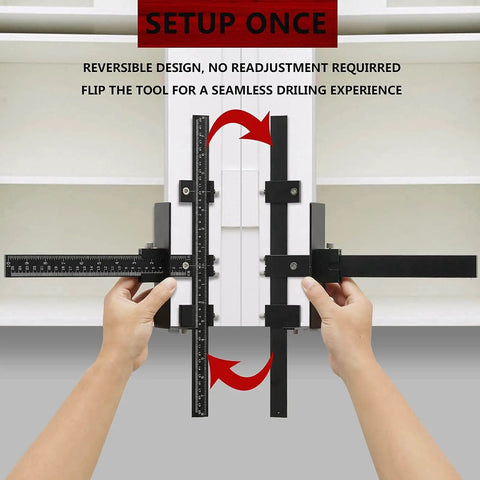 Hands adjusting an all aluminum cabinet hardware jig tool with adjustable drill guide for precise drilling on cabinet doors.