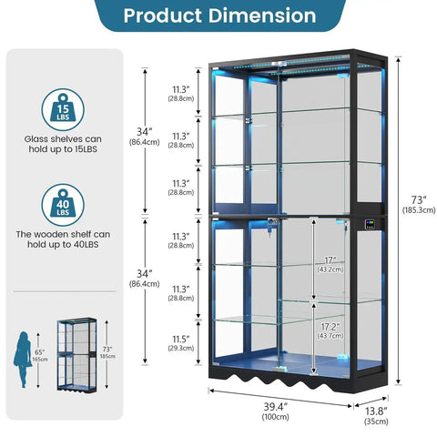 Product dimensions of 8-Tier RGB Glass Display Cabinet With Motion Sensor And Remote, Lockable Glass Doors, 73 Inch Tall Curio Showcase, Black Finish