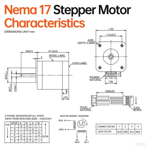Technical diagram of Five Pack Nema 17 Stepper Motor 1.8 Degree Bipolar 2 Phase High Torque 0.6 Nm 84.97 Oz In 42x48mm